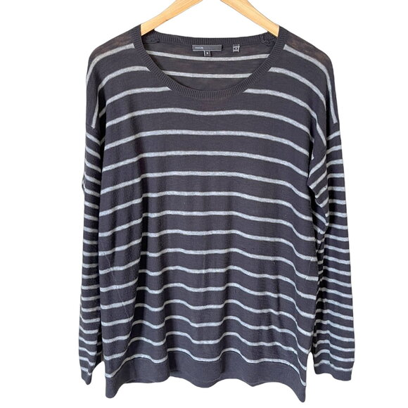 VINCE Scoop Neck Striped Sweater Cotton Pullover Knit Charcoal Gray Small GUC - Picture 5 of 8